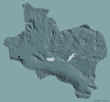 Türkiye 'nin Manisa eyaleti, başkenti katı renk arkaplanı ile izole edilmiştir. Renkli yükseklik haritası. 3B görüntüleme
