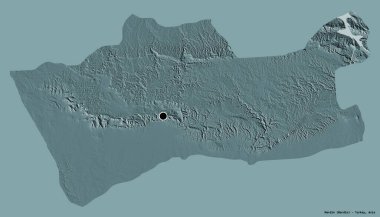 Türkiye 'nin Mardin ilçesinin başkenti, koyu renk arka planda izole edilmiş. Renkli yükseklik haritası. 3B görüntüleme