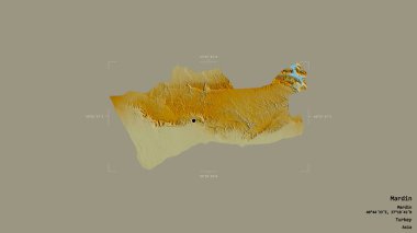Türkiye 'nin Mardin ilçesi bir sınır kutusunun sağlam bir arka planında izole edilmiş durumda. Etiketler. Topografik yardım haritası. 3B görüntüleme
