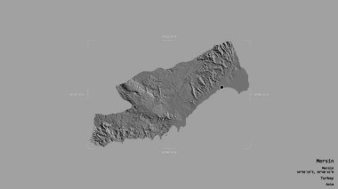 Türkiye 'nin Mersin ilçesi bir sınır kutusunda sağlam bir arka planda izole edilmiş durumda. Etiketler. Çift seviyeli yükseklik haritası. 3B görüntüleme