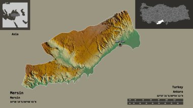 Mersin 'in şekli, Türkiye' nin ili ve başkenti. Uzaklık ölçeği, ön gösterimler ve etiketler. Topografik yardım haritası. 3B görüntüleme