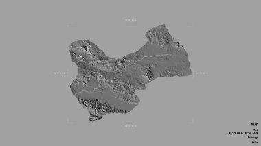 Türkiye 'nin Mus ilçesi bir sınır kutusunda sağlam bir zemin üzerinde izole edilmiş durumda. Etiketler. Çift seviyeli yükseklik haritası. 3B görüntüleme