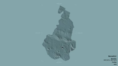 Nevsehir, Türkiye 'nin Nevsehir bölgesi, jeoreferatlı bir sınır kutusunun sağlam bir arka planında izole edildi. Etiketler. Renkli yükseklik haritası. 3B görüntüleme