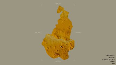 Nevsehir, Türkiye 'nin Nevsehir bölgesi, jeoreferatlı bir sınır kutusunun sağlam bir arka planında izole edildi. Etiketler. Topografik yardım haritası. 3B görüntüleme