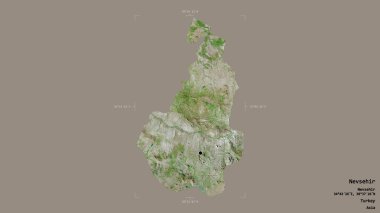 Nevsehir, Türkiye 'nin Nevsehir bölgesi, jeoreferatlı bir sınır kutusunun sağlam bir arka planında izole edildi. Etiketler. Uydu görüntüleri. 3B görüntüleme