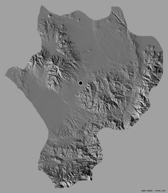 Türkiye 'nin Nigde ilinin başkenti katı bir renk arkaplanı ile izole edilmiştir. Çift seviyeli yükseklik haritası. 3B görüntüleme