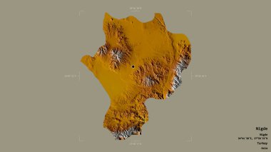 Türkiye 'nin Nigde ilçesi bir sınır kutusunun sağlam bir arka planında izole edilmiş durumda. Etiketler. Topografik yardım haritası. 3B görüntüleme