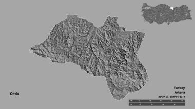 Türkiye 'nin Ordu şekli, başkenti sağlam bir zemin üzerinde izole edilmiş. Uzaklık ölçeği, bölge önizlemesi ve etiketleri. Çift seviyeli yükseklik haritası. 3B görüntüleme