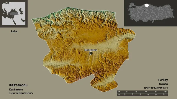 トルコの州カスタモウとその首都の形 距離スケール プレビューおよびラベル 地形図 3Dレンダリング — ストック写真