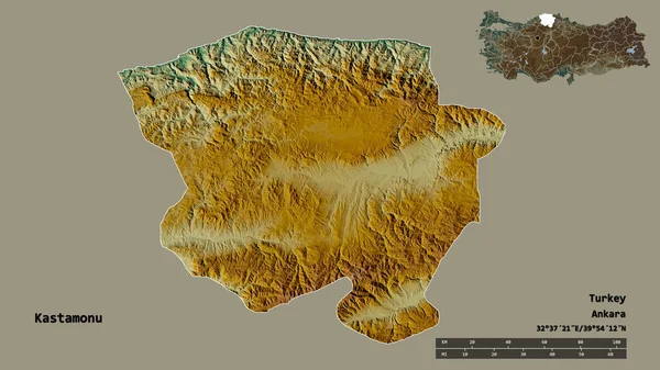 土耳其Kastamonu的形状 其首都在坚实的背景下与世隔绝 距离尺度 区域预览和标签 地形浮雕图 3D渲染 — 图库照片