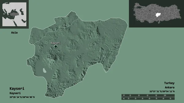 トルコ共和国のカセリ県とその首都の形 距離スケール プレビューおよびラベル 色の標高マップ 3Dレンダリング — ストック写真