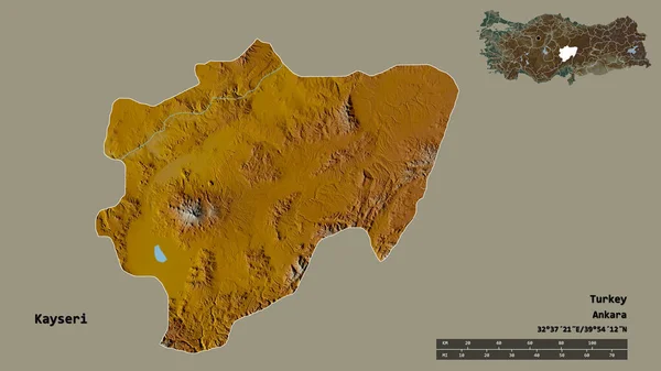 トルコの州であるKayseriの形は その資本がしっかりとした背景に隔離されています 距離スケール リージョンプレビュー およびラベル 地形図 3Dレンダリング — ストック写真