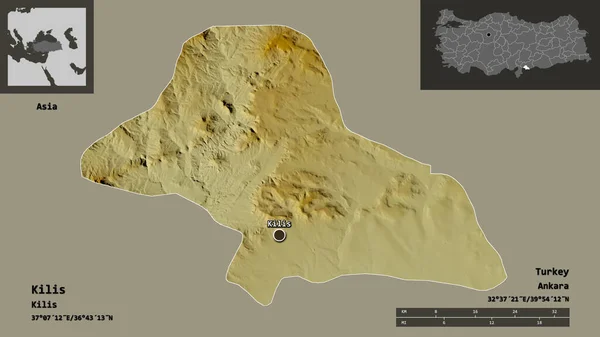 トルコの州キリスとその首都の形 距離スケール プレビューおよびラベル 地形図 3Dレンダリング — ストック写真