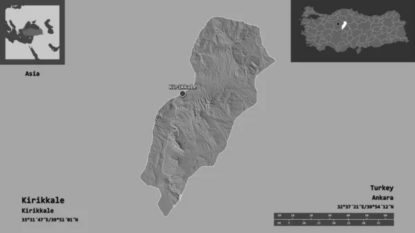 トルコの州キリッカレとその首都の形 距離スケール プレビューおよびラベル 標高マップ 3Dレンダリング — ストック写真