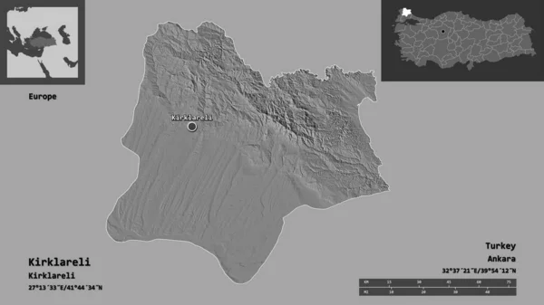 トルコの州カークラレリとその首都の形 距離スケール プレビューおよびラベル 標高マップ 3Dレンダリング — ストック写真