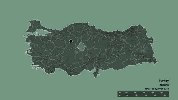 主要な地域部門と分離されたKirsehirエリアとトルコの荒廃した形状 ラベル 色の標高マップ 3Dレンダリング — ストック写真