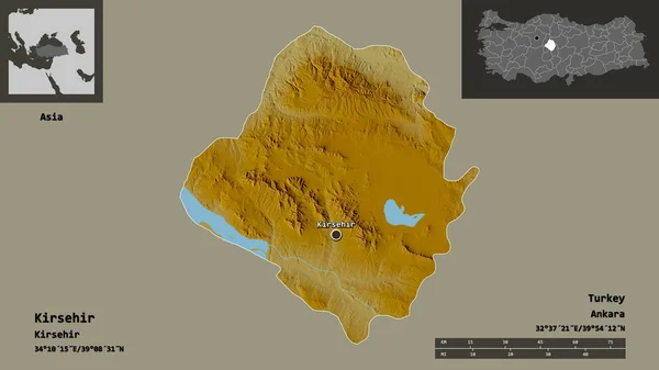 トルコの州であるKirsehirとその首都の形 距離スケール プレビューおよびラベル 地形図 3Dレンダリング — ストック写真