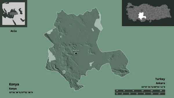 トルコの国 コンヤ県とその首都の形 距離スケール プレビューおよびラベル 色の標高マップ 3Dレンダリング — ストック写真