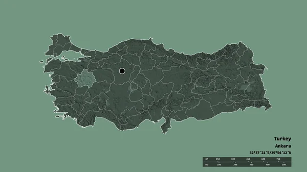 Desaturerad Form Turkiet Med Dess Huvudstad Huvudsakliga Regionala Indelning Och — Stockfoto