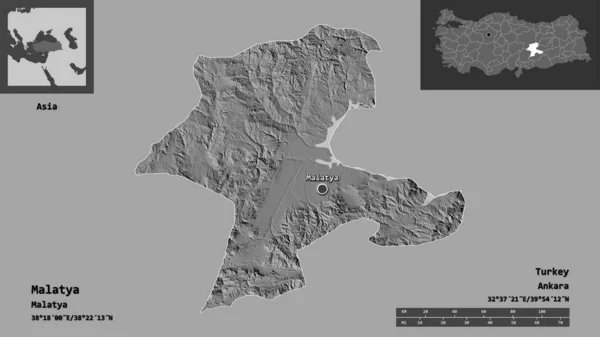 Form Malatya Provinsen Turkiet Och Dess Huvudstad Avståndsskala Förhandsvisningar Och — Stockfoto