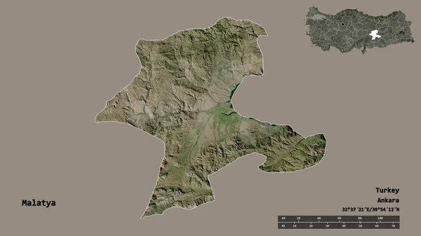 土耳其省马拉提亚的形状 其首都在坚实的背景下与世隔绝 距离尺度 区域预览和标签 卫星图像 3D渲染 — 图库照片