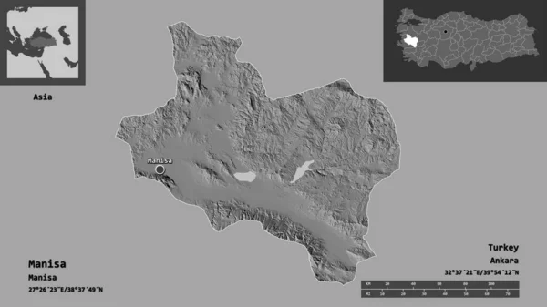 トルコのマニサ州とその首都の形 距離スケール プレビューおよびラベル 標高マップ 3Dレンダリング — ストック写真