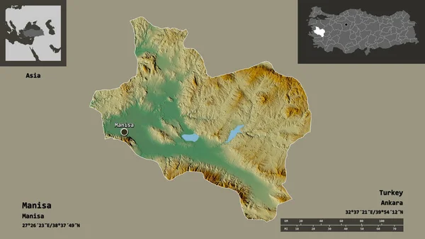 Forme Manisa Province Turquie Capitale Échelle Distance Aperçus Étiquettes Carte — Photo