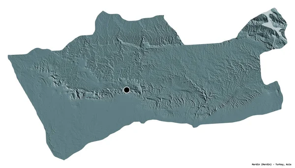 Türkiye 'nin Mardin ilçesinin başkenti beyaz arka planda izole edilmiştir. Renkli yükseklik haritası. 3B görüntüleme