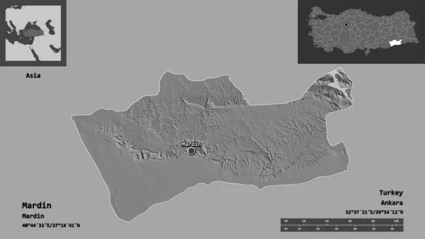 Vorm Van Mardin Provincie Turkije Hoofdstad Afstandsschaal Previews Etiketten Hoogteverschil — Stockfoto