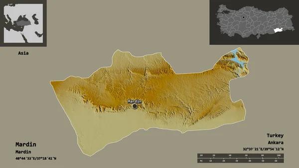 土耳其的马尔丁形状及其首都 距离刻度 预览和标签 地形浮雕图 3D渲染 — 图库照片