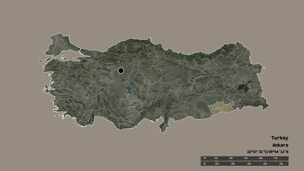 土耳其以其首都 主要区域分部和分离的马尔丁地区为首都的专制形态 卫星图像 3D渲染 — 图库照片