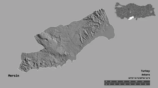 トルコの州 メルシンの形状は その首都はしっかりとした背景に隔離されています 距離スケール リージョンプレビュー およびラベル 標高マップ 3Dレンダリング — ストック写真