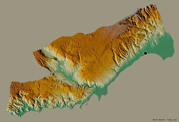 トルコの州 メルシンの形は その首都をしっかりとした色の背景に隔離しています 地形図 3Dレンダリング — ストック写真