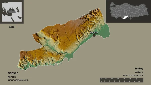 梅尔辛的形状 土耳其的省 和它的首都 距离刻度 预览和标签 地形浮雕图 3D渲染 — 图库照片