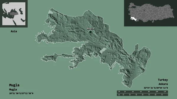 トルコ共和国のムグラ県とその首都の形 距離スケール プレビューおよびラベル 色の標高マップ 3Dレンダリング — ストック写真