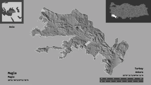 トルコ共和国のムグラ県とその首都の形 距離スケール プレビューおよびラベル 標高マップ 3Dレンダリング — ストック写真