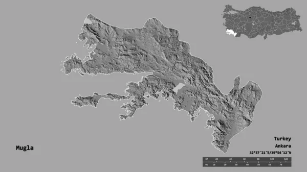 土耳其的Mugla形状 其首都在坚实的背景下与世隔绝 距离尺度 区域预览和标签 Bilevel高程图 3D渲染 — 图库照片