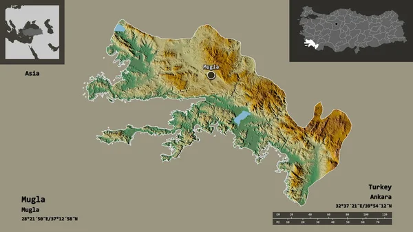 トルコ共和国のムグラ県とその首都の形 距離スケール プレビューおよびラベル 地形図 3Dレンダリング — ストック写真