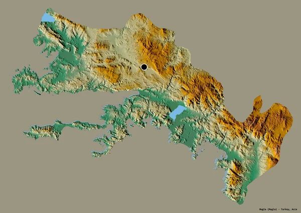 トルコの州であるムグラの形は その首都をしっかりとした色の背景に隔離しています 地形図 3Dレンダリング — ストック写真