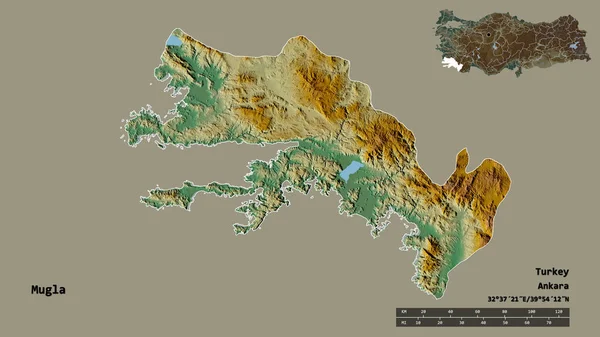 土耳其的Mugla形状 其首都在坚实的背景下与世隔绝 距离尺度 区域预览和标签 地形浮雕图 3D渲染 — 图库照片