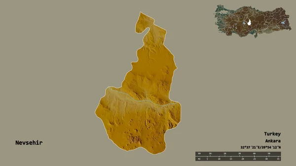 トルコの州ネブシェヒルの形は その首都をしっかりとした背景に隔離されています 距離スケール リージョンプレビュー およびラベル 地形図 3Dレンダリング — ストック写真