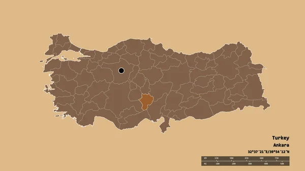 Desaturated Shape Turkey Its Capital Main Regional Division Separated Nigde — Stock Photo, Image