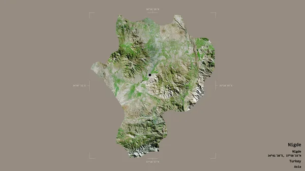 トルコの州ニグデの地域は 洗練された境界ボックス内の強固な背景に隔離されています ラベル 衛星画像 3Dレンダリング — ストック写真