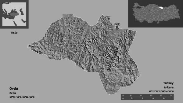 トルコの州オルドゥとその首都の形 距離スケール プレビューおよびラベル 標高マップ 3Dレンダリング — ストック写真