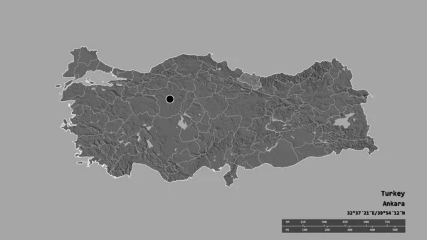 主要な地域部門と分離されたオルドゥ地域とトルコの荒廃した形 ラベル 標高マップ 3Dレンダリング — ストック写真