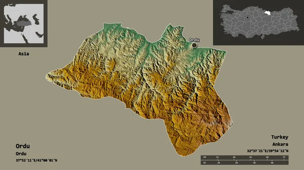 トルコの州オルドゥとその首都の形 距離スケール プレビューおよびラベル 地形図 3Dレンダリング — ストック写真
