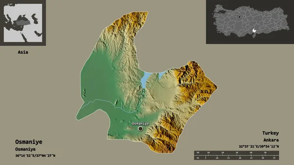 トルコのオスマニエ州とその首都の形 距離スケール プレビューおよびラベル 地形図 3Dレンダリング — ストック写真