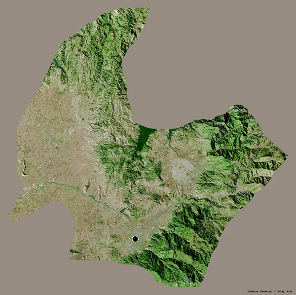 Shape of Osmaniye, province of Turkey, with its capital isolated on a solid color background. Satellite imagery. 3D rendering