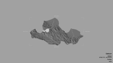 Türkiye 'nin Samsun ilçesi bir sınır kutusunda sağlam bir zemin üzerinde izole edilmiş durumda. Etiketler. Çift seviyeli yükseklik haritası. 3B görüntüleme
