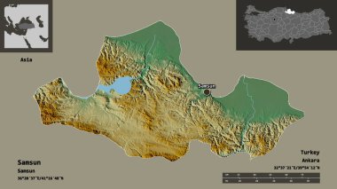 Samsun 'un şekli, Türkiye' nin ili ve başkenti. Uzaklık ölçeği, ön gösterimler ve etiketler. Topografik yardım haritası. 3B görüntüleme
